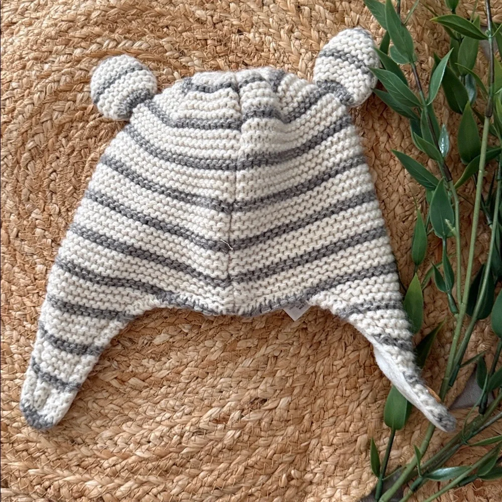 Baby Biden Striped Earflap Baby Hat with Bear Ears - Cream & Gray. 12-24 mo